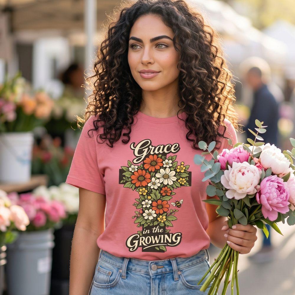 "Grace in the Growing" Floral Cross T-Shirt For Her — Christian Faith Tee