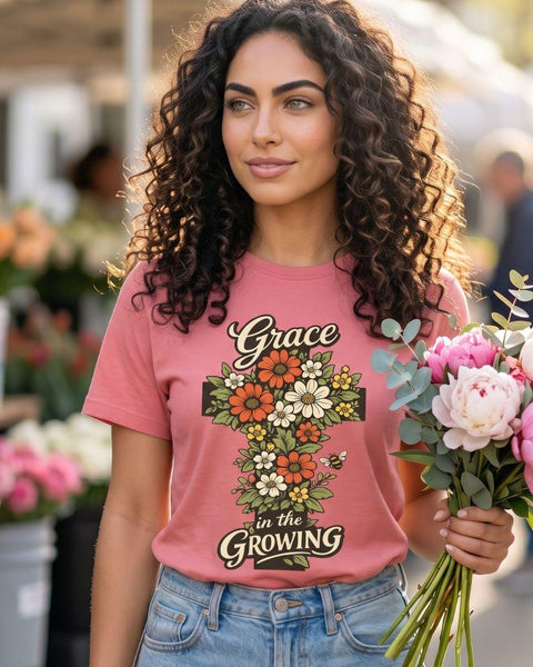 "Grace in the Growing" Floral Cross T-Shirt For Her — Christian Faith Tee