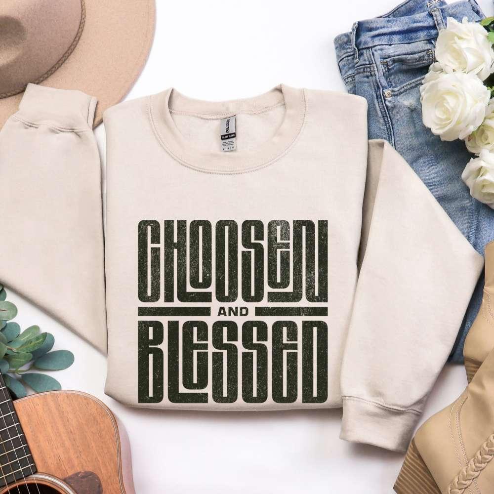 Crewneck Sweatshirt - 'Chosen and Blessed' Psalm 33:12 Christian Graphic Pullover