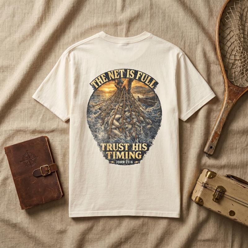 "Trust His Timing" T-Shirt For Him — John 21:6 Christian Faith Tee