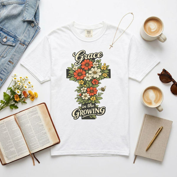 "Grace in the Growing" Floral Cross T-Shirt For Her — Christian Faith Tee