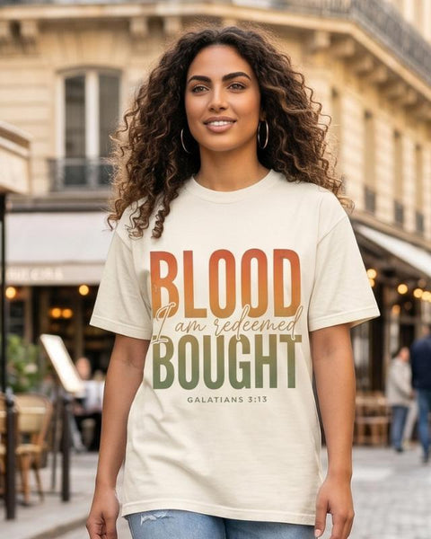 "Blood Bought · I Am Redeemed" T-Shirt For Her — Galatians 3:13 Christian Faith Tee