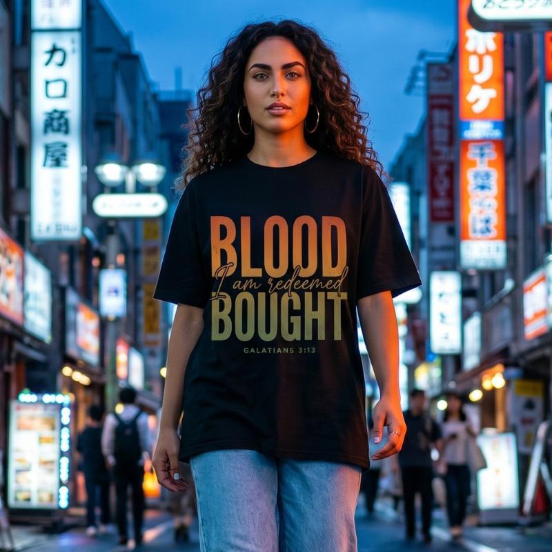 "Blood Bought · I Am Redeemed" T-Shirt For Her — Galatians 3:13 Christian Faith Tee