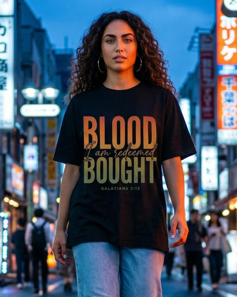 "Blood Bought · I Am Redeemed" T-Shirt For Her — Galatians 3:13 Christian Faith Tee
