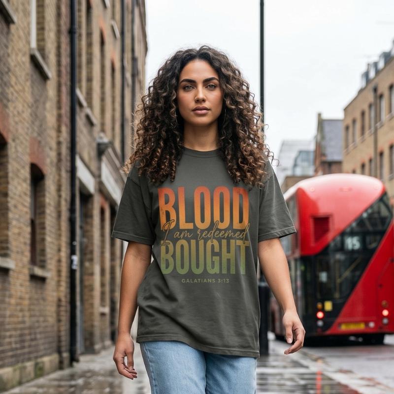 "Blood Bought · I Am Redeemed" T-Shirt For Her — Galatians 3:13 Christian Faith Tee