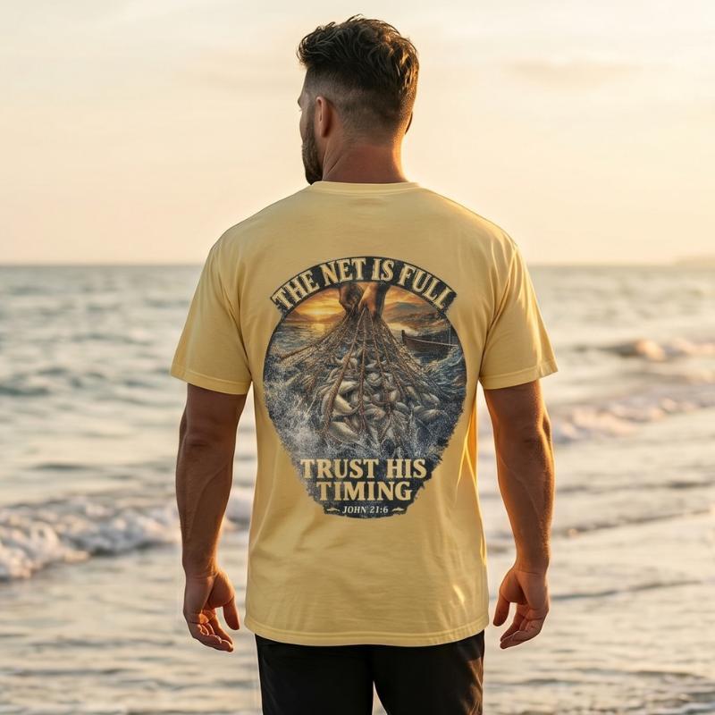 "Trust His Timing" T-Shirt For Him — John 21:6 Christian Faith Tee