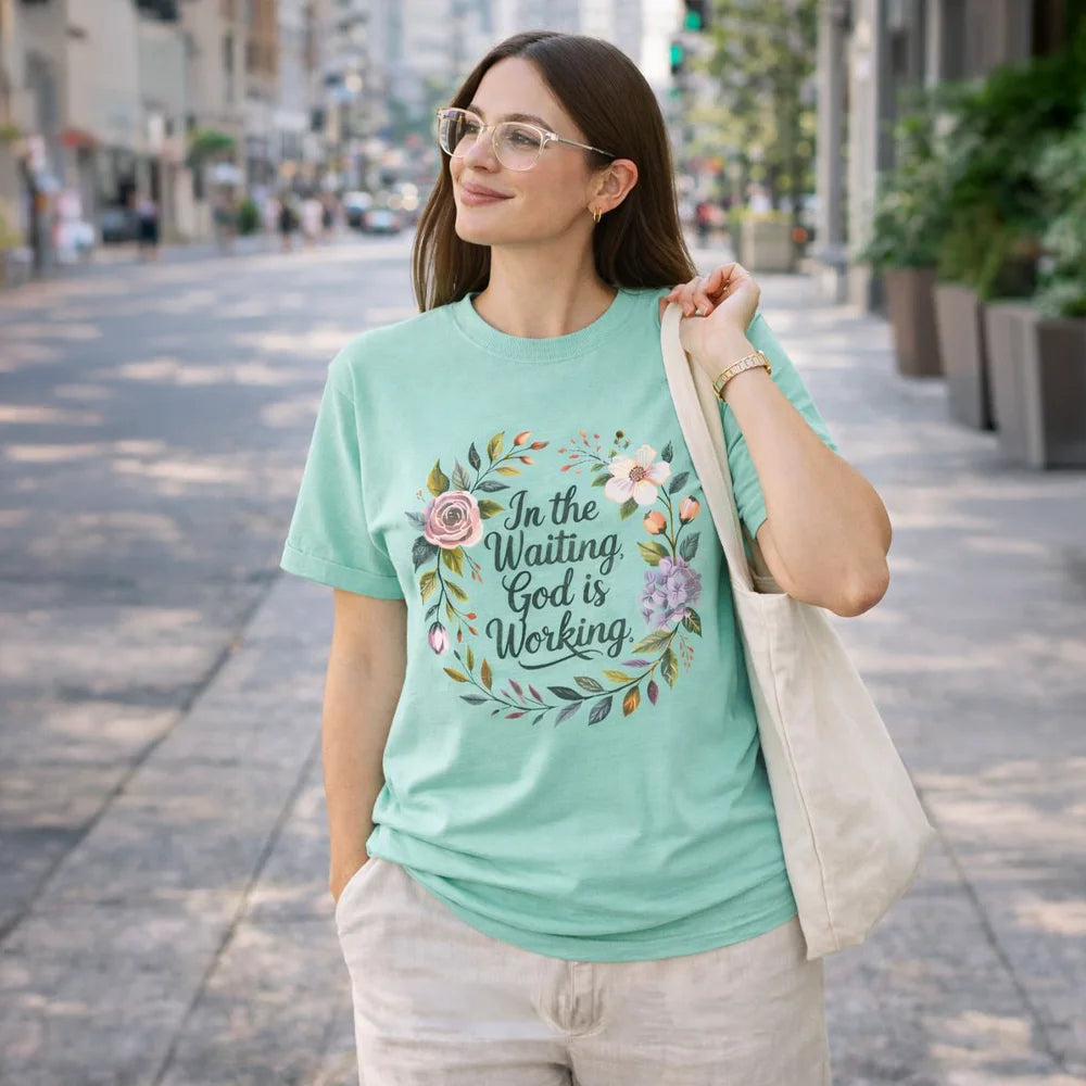 Christian Floral T-Shirt — "In the Waiting God Is Working" Inspirational Tee