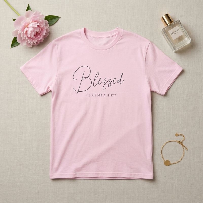"Blessed" T-Shirt For Her — Jeremiah 17:7 Christian Script Faith Tee