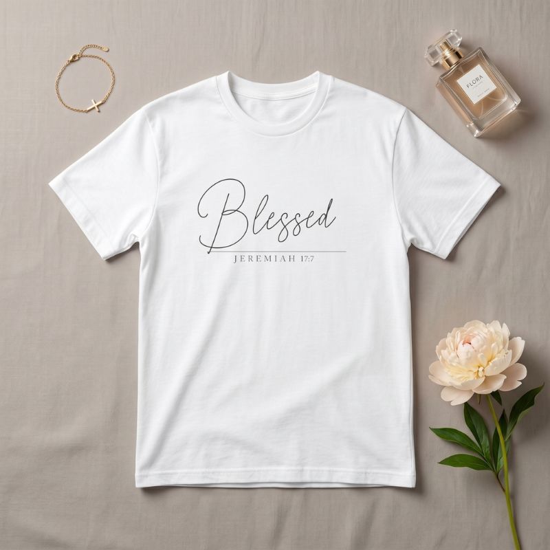 "Blessed" T-Shirt For Her — Jeremiah 17:7 Christian Script Faith Tee