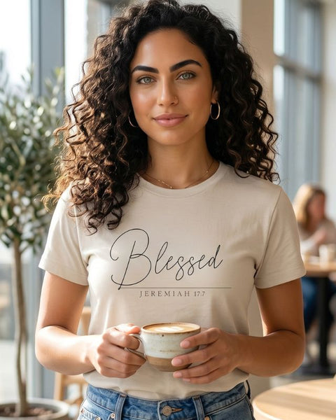 "Blessed" T-Shirt For Her — Jeremiah 17:7 Christian Script Faith Tee