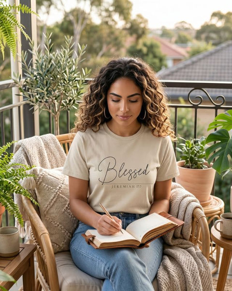 "Blessed" T-Shirt For Her — Jeremiah 17:7 Christian Script Faith Tee