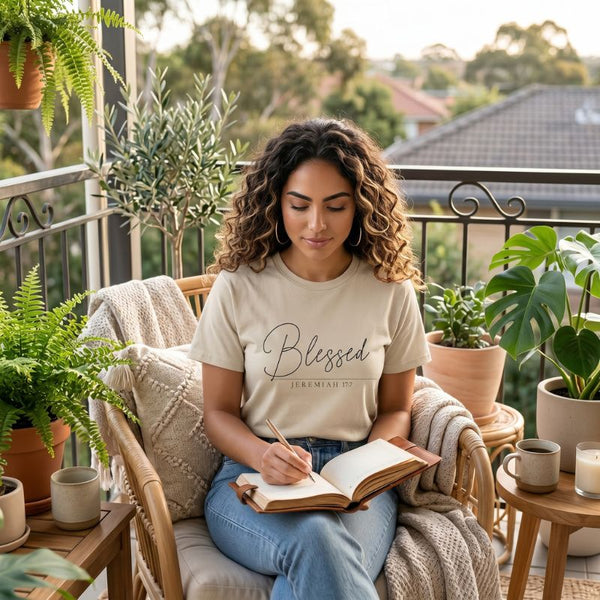 "Blessed" T-Shirt For Her — Jeremiah 17:7 Christian Script Faith Tee