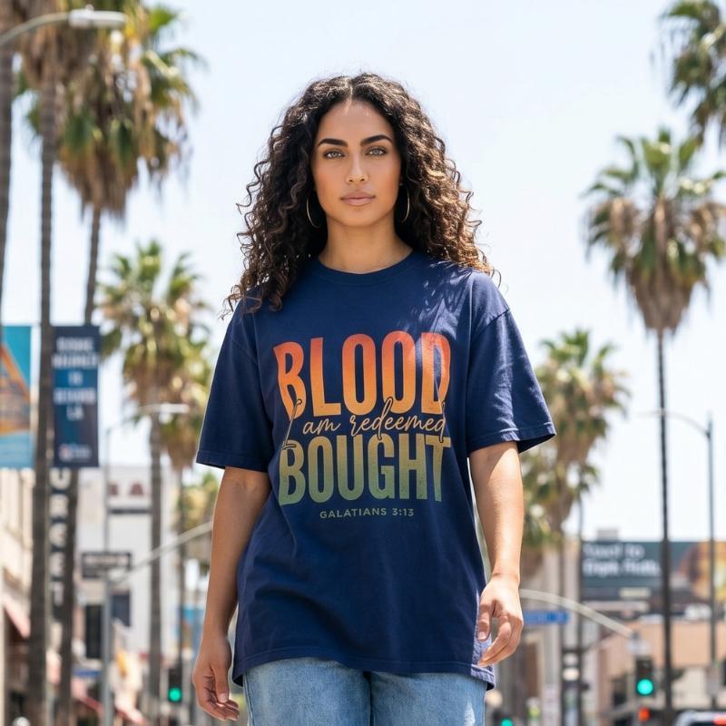 "Blood Bought · I Am Redeemed" T-Shirt For Her — Galatians 3:13 Christian Faith Tee