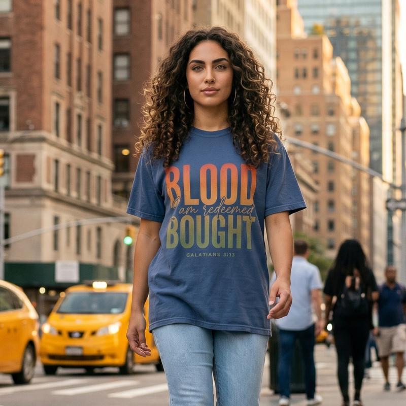 "Blood Bought · I Am Redeemed" T-Shirt For Her — Galatians 3:13 Christian Faith Tee