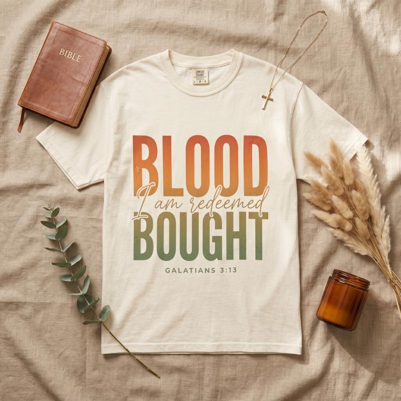 "Blood Bought · I Am Redeemed" T-Shirt For Her — Galatians 3:13 Christian Faith Tee