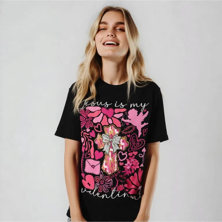 Jesus Is My Valentine Tee — Christian Valentine Tee with Pink Heart Collage