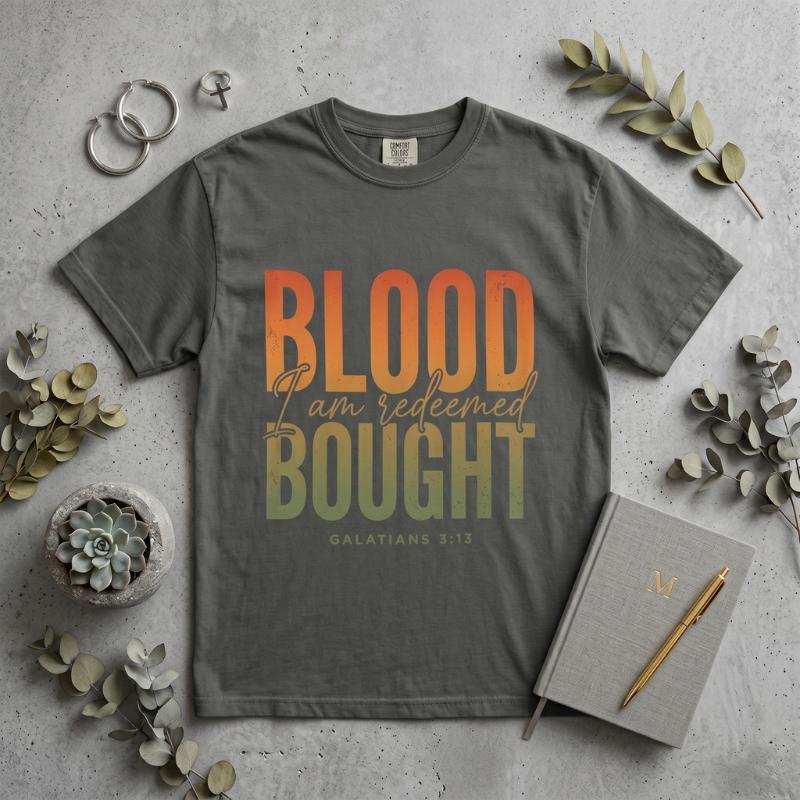 "Blood Bought · I Am Redeemed" T-Shirt For Her — Galatians 3:13 Christian Faith Tee