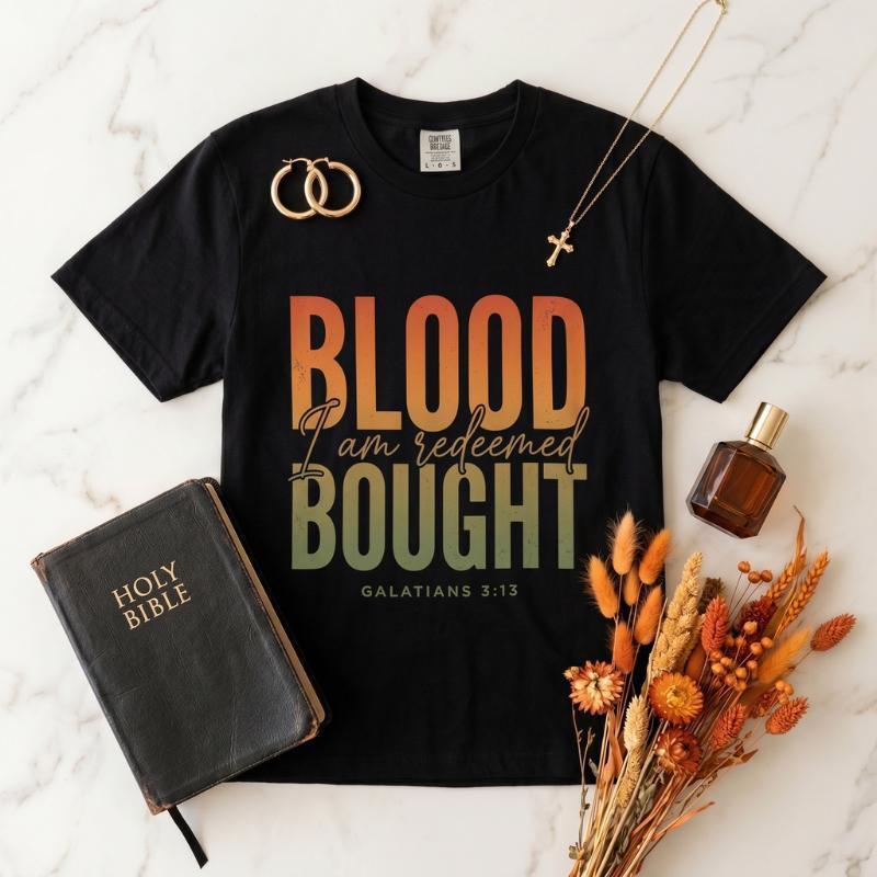"Blood Bought · I Am Redeemed" T-Shirt For Her — Galatians 3:13 Christian Faith Tee