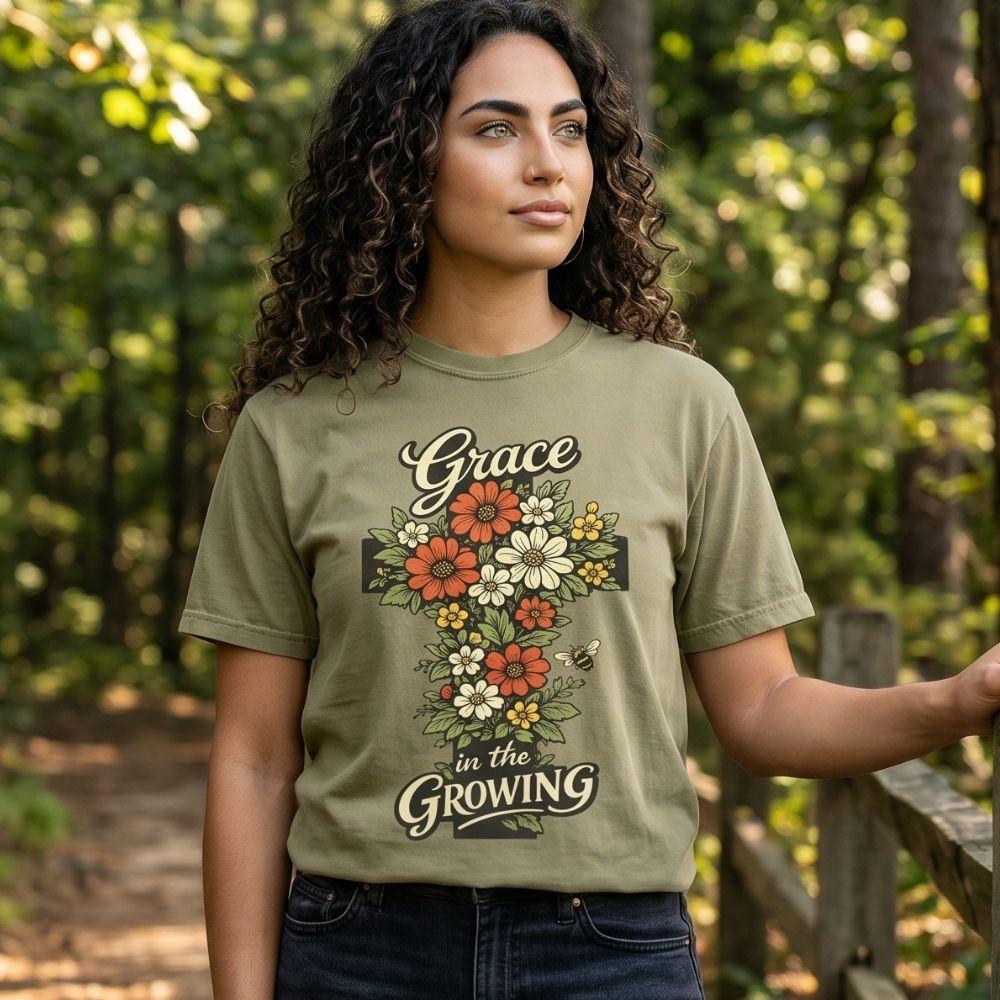 "Grace in the Growing" Floral Cross T-Shirt For Her — Christian Faith Tee