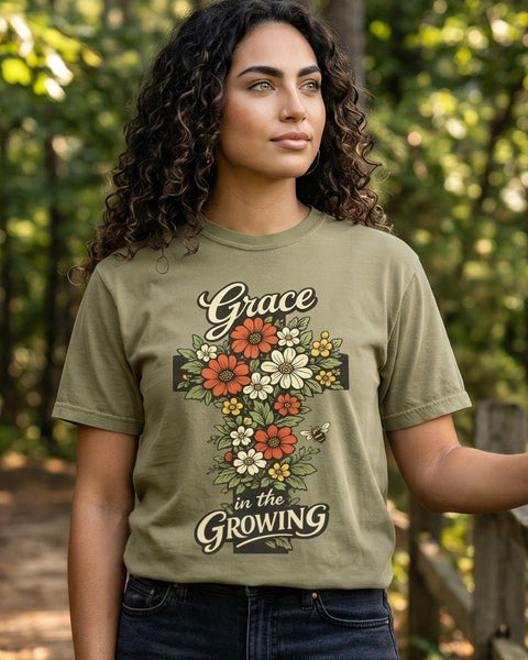 "Grace in the Growing" Floral Cross T-Shirt For Her — Christian Faith Tee