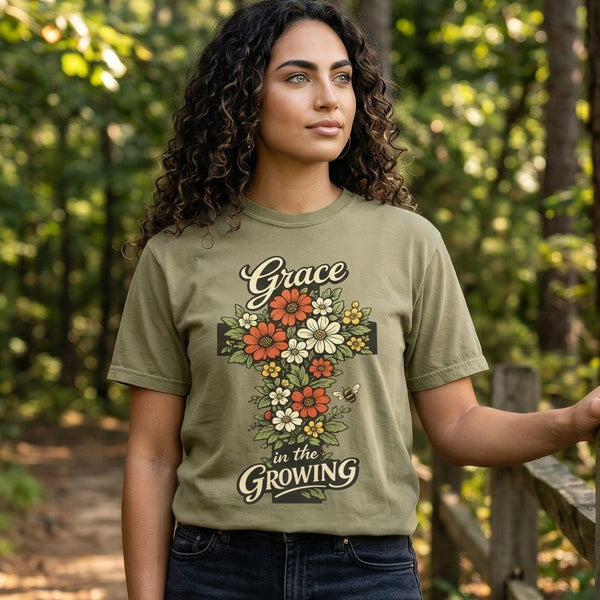 "Grace in the Growing" Floral Cross T-Shirt For Her — Christian Faith Tee