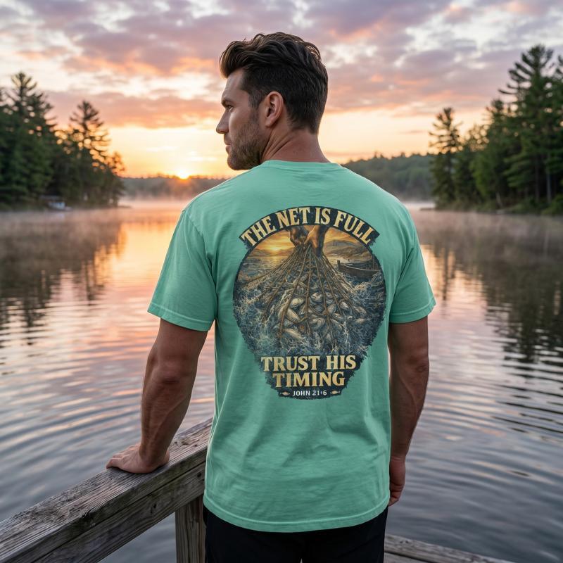 "Trust His Timing" T-Shirt For Him — John 21:6 Christian Faith Tee