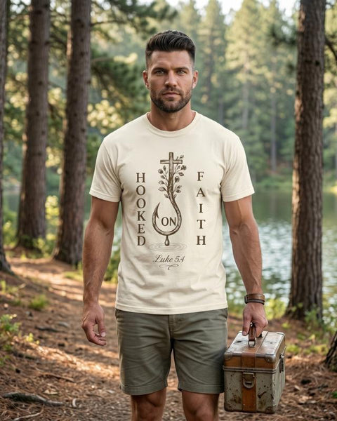 "Hooked on Faith" T-Shirt For Him — Luke 5:4 Christian Fishing Cross Tee