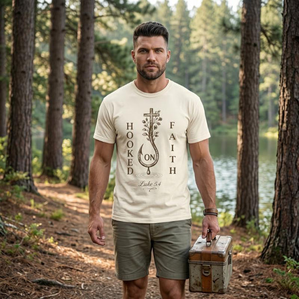 "Hooked on Faith" T-Shirt For Him — Luke 5:4 Christian Fishing Cross Tee