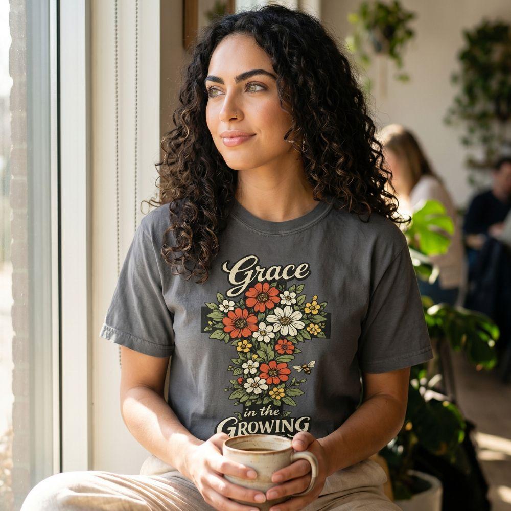 "Grace in the Growing" Floral Cross T-Shirt For Her — Christian Faith Tee