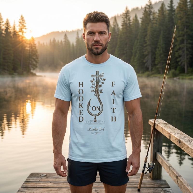 "Hooked on Faith" T-Shirt For Him — Luke 5:4 Christian Fishing Cross Tee