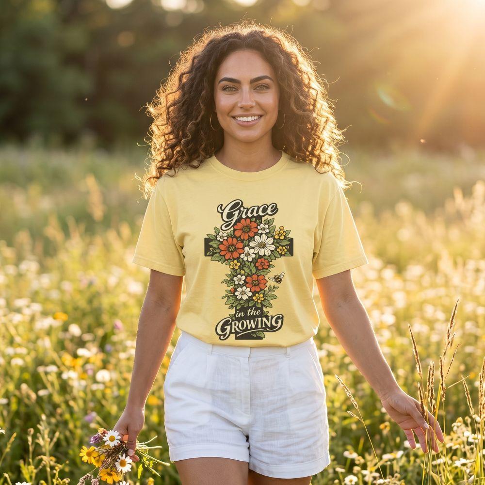 "Grace in the Growing" Floral Cross T-Shirt For Her — Christian Faith Tee