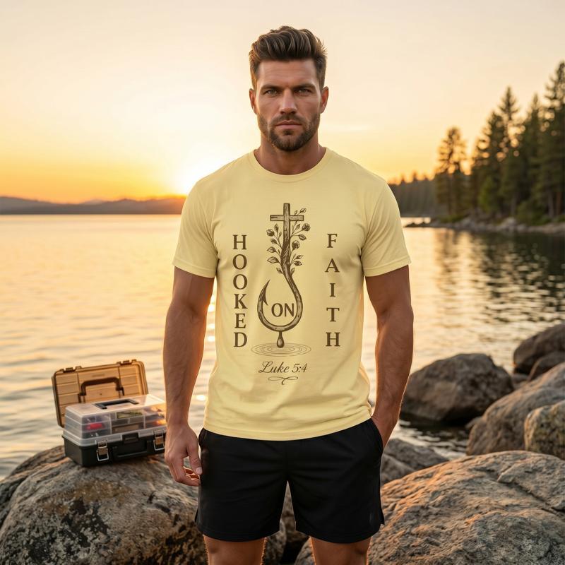 "Hooked on Faith" T-Shirt For Him — Luke 5:4 Christian Fishing Cross Tee
