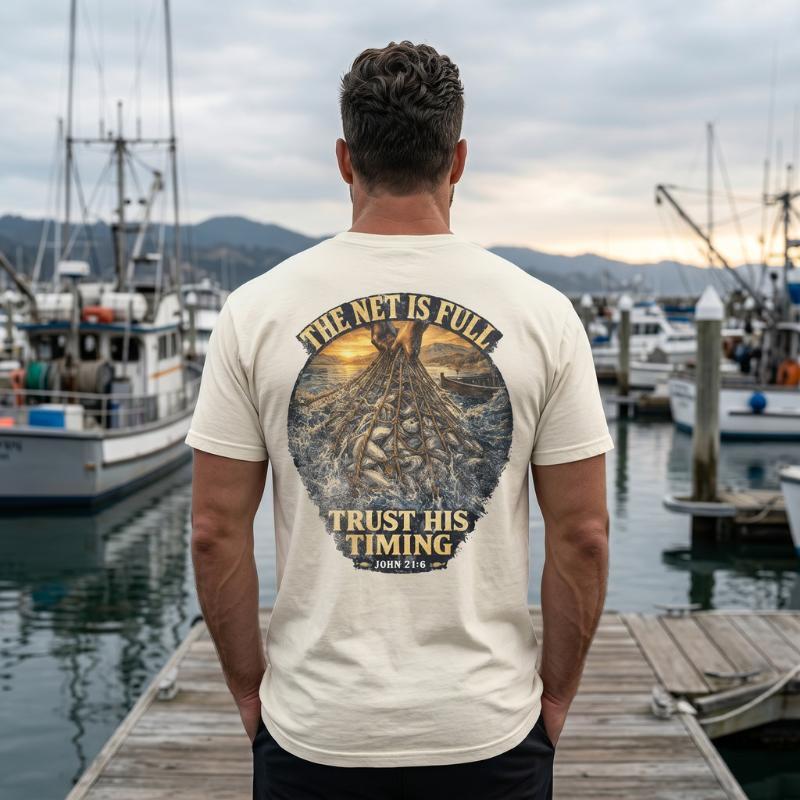 "Trust His Timing" T-Shirt For Him — John 21:6 Christian Faith Tee