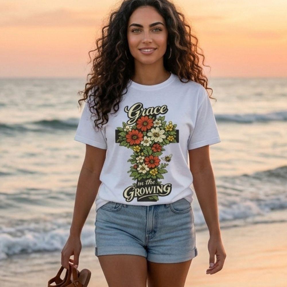 "Grace in the Growing" Floral Cross T-Shirt For Her — Christian Faith Tee