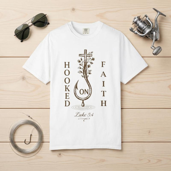 "Hooked on Faith" T-Shirt For Him — Luke 5:4 Christian Fishing Cross Tee