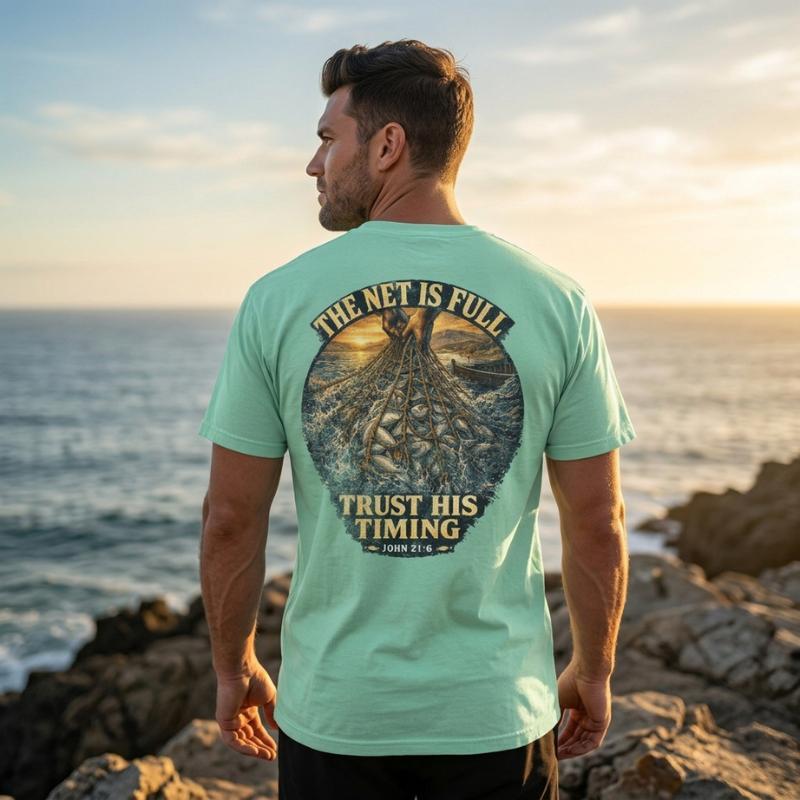 "Trust His Timing" T-Shirt For Him — John 21:6 Christian Faith Tee