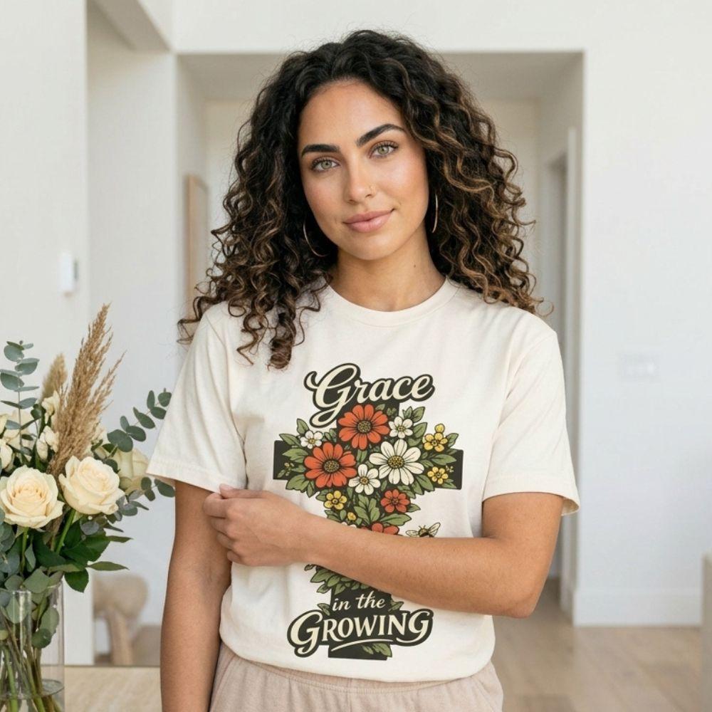 "Grace in the Growing" Floral Cross T-Shirt For Her — Christian Faith Tee