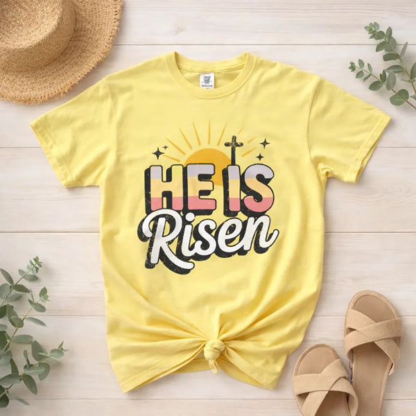 He Is Risen Easter T-Shirt — Vintage Sunrise Christian Tee