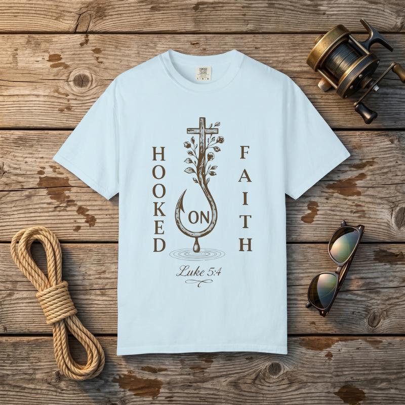 "Hooked on Faith" T-Shirt For Him — Luke 5:4 Christian Fishing Cross Tee