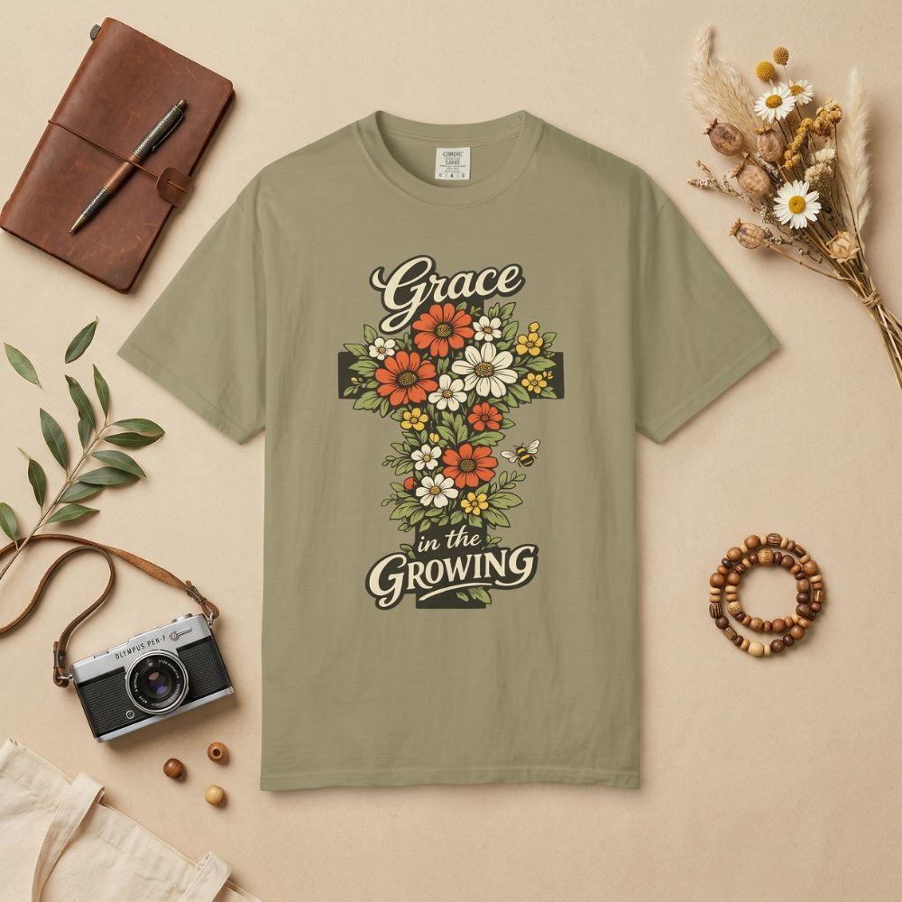 "Grace in the Growing" Floral Cross T-Shirt For Her — Christian Faith Tee