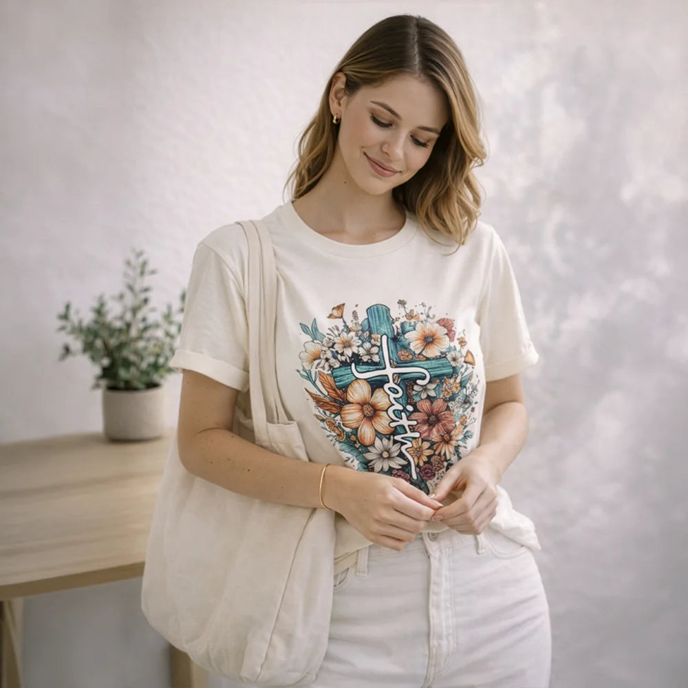 Faith Floral Cross – Christian Women’s T-Shirt