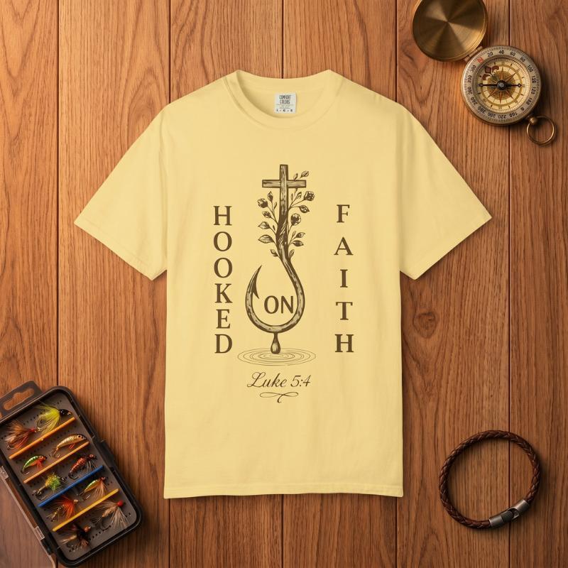 "Hooked on Faith" T-Shirt For Him — Luke 5:4 Christian Fishing Cross Tee