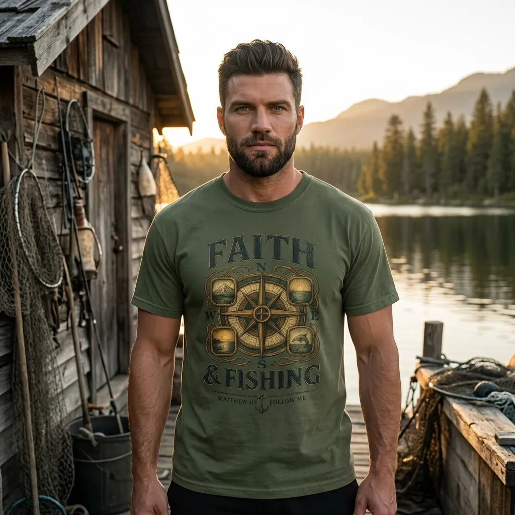 Faith & Fishing T-Shirt For Him — Nautical Compass Christian Fishing Tee