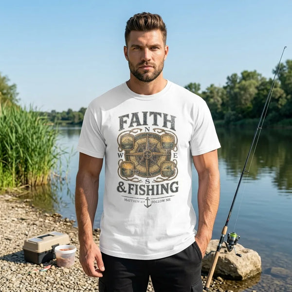 Faith & Fishing T-Shirt For Him — Nautical Compass Christian Fishing Tee