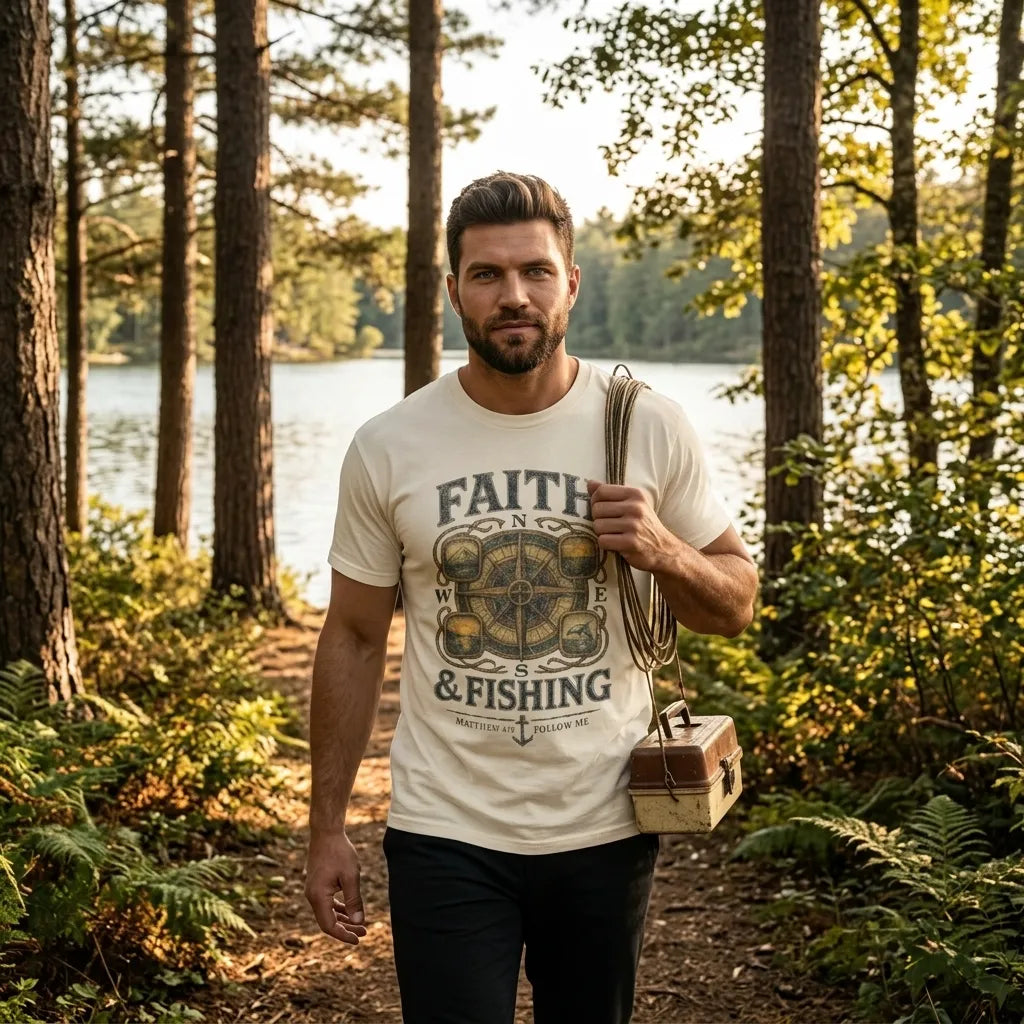 Faith & Fishing T-Shirt For Him — Nautical Compass Christian Fishing Tee