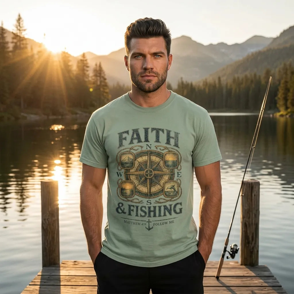 Faith & Fishing T-Shirt For Him — Nautical Compass Christian Fishing Tee