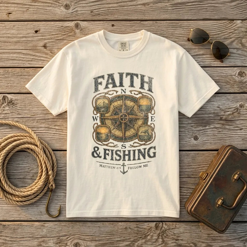 Faith & Fishing T-Shirt For Him — Nautical Compass Christian Fishing Tee