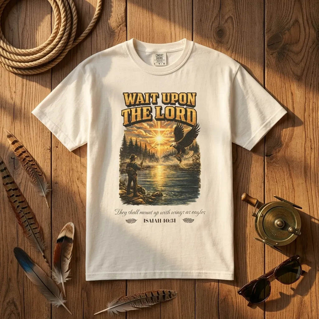 Wait Upon The Lord T-Shirt For Him — Isaiah 40:31 Christian Fishing Tee