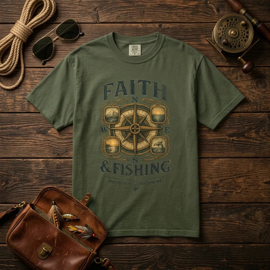 Faith & Fishing T-Shirt For Him — Nautical Compass Christian Fishing Tee