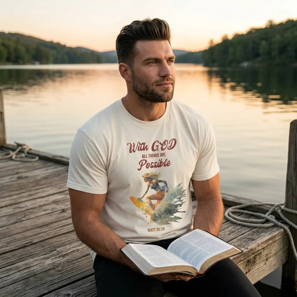 With God All Things Are Possible T-Shirt For Him — Matthew 19:26 Christian Surf Tee